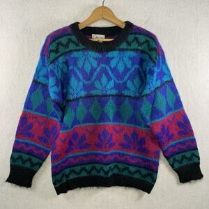 Vintage Womens Colorful Fair Isle Sweater Sz M Bold Ski Lodge Mohair Blend Retro